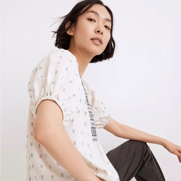 EUC Madewell Embroidered Yoke Top in clip dot Blouse V-Neck Size Large - Picture 4 of 12